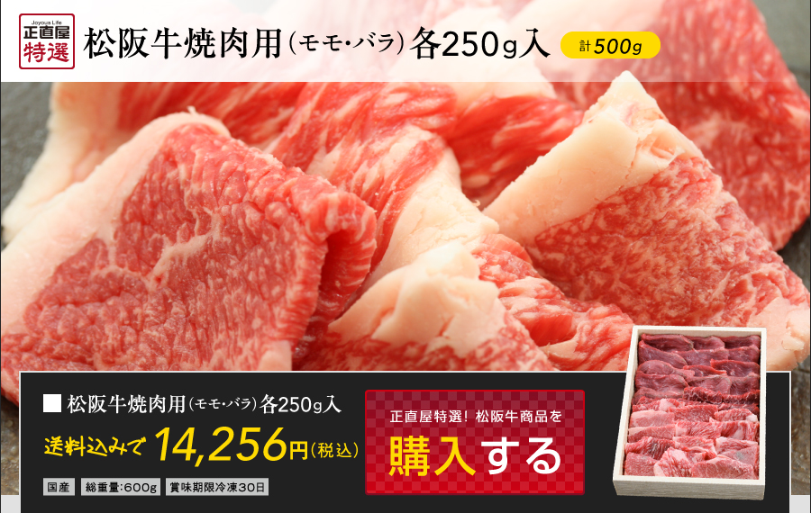 松阪牛　焼肉用(モモ肉、バラ肉)各250g入、計500g入 松阪牛ギフト