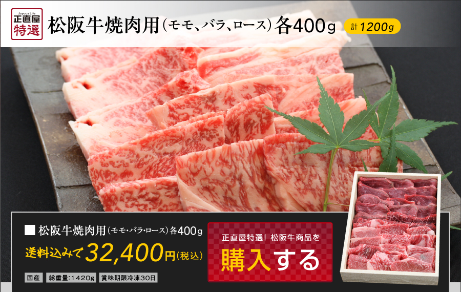  松阪牛焼肉用(モモ肉、バラ肉、ロース肉)各400g入 松阪牛ギフト